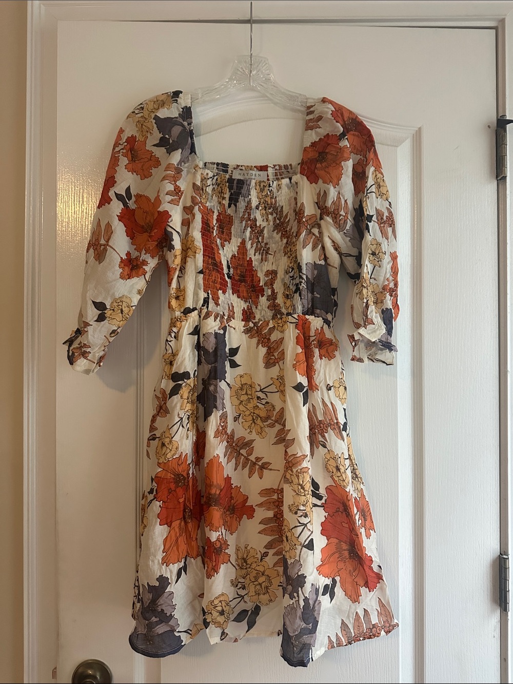 Hayden Ivory Floral Smocked Mini Dress with Rust and Mustard Blooms